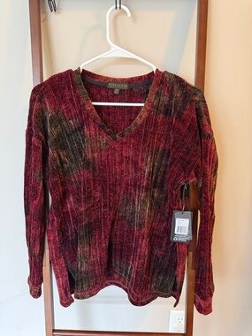 PJ Salvage Burgundy Chenille V-Neck Sweater with Olive and Black Accents
